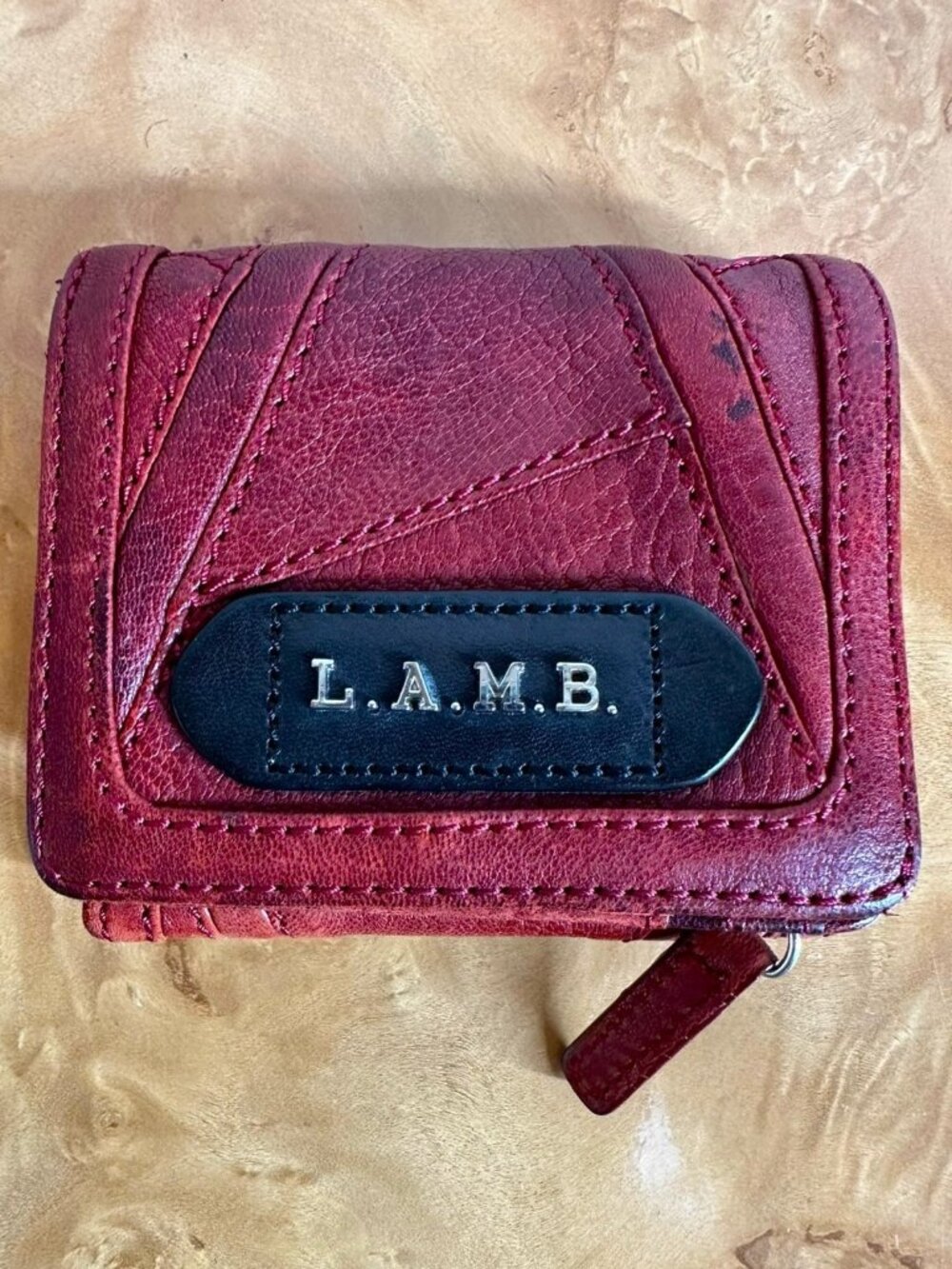 L.A.M.B. by Gwen Stefani Maroon Patchwork Leather Bifold Wallet Zip Coin Purse